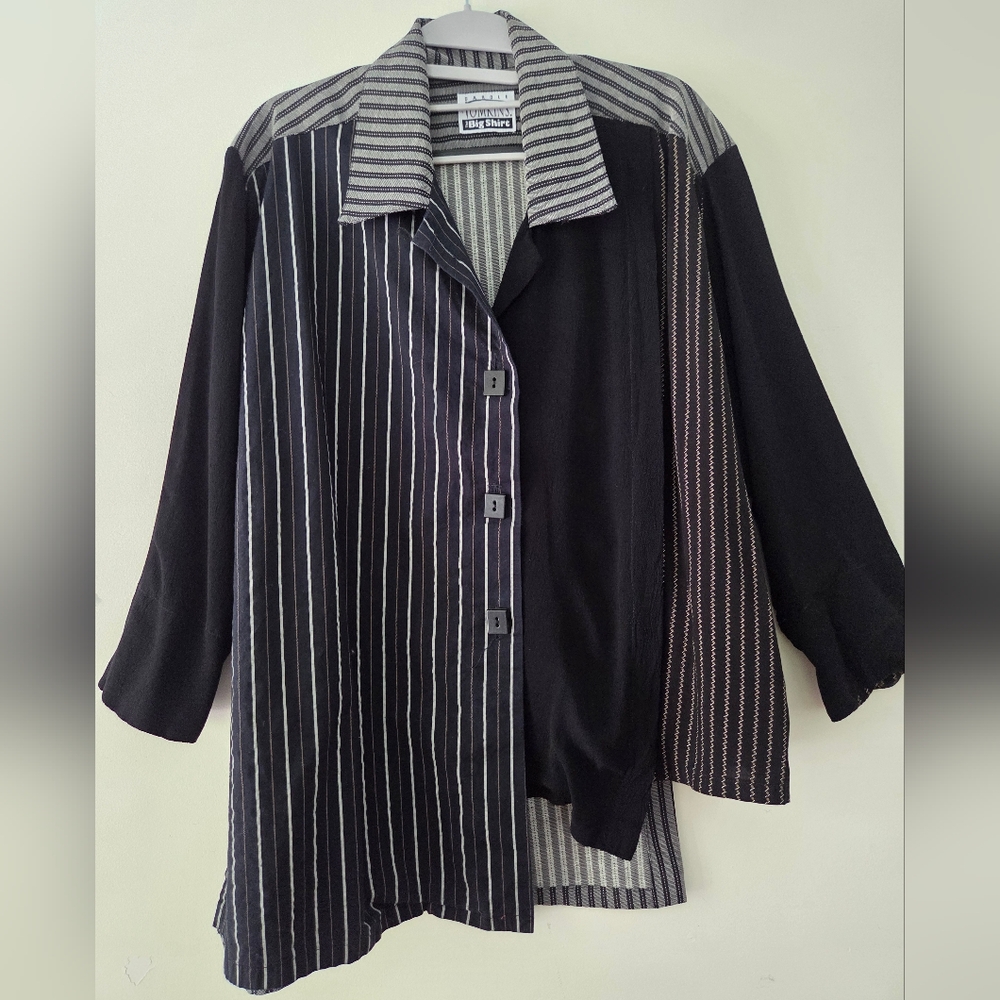 Carole Tomkins " The Big Shirt" Black White Mix Print Asymmetric Button-Up Shirt